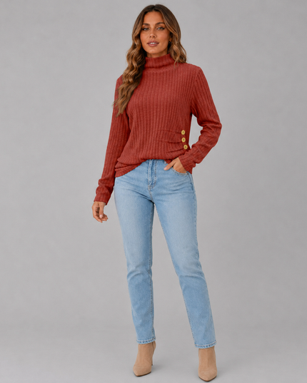 Ribbed Turtleneck Sweater with Side Button Detail