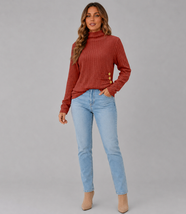 Ribbed Turtleneck Sweater with Side Button Detail