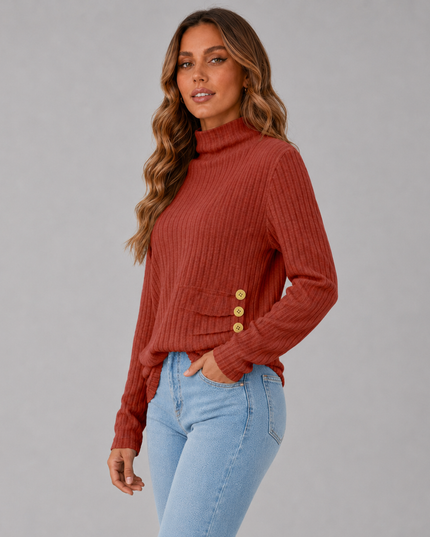 Ribbed Turtleneck Sweater with Side Button Detail