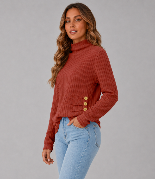 Ribbed Turtleneck Sweater with Side Button Detail