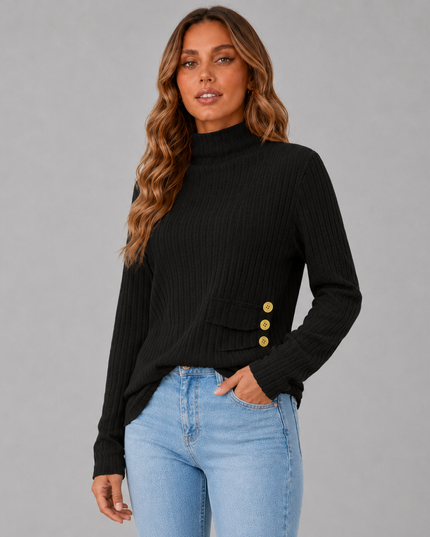 Ribbed Turtleneck Sweater with Side Button Detail