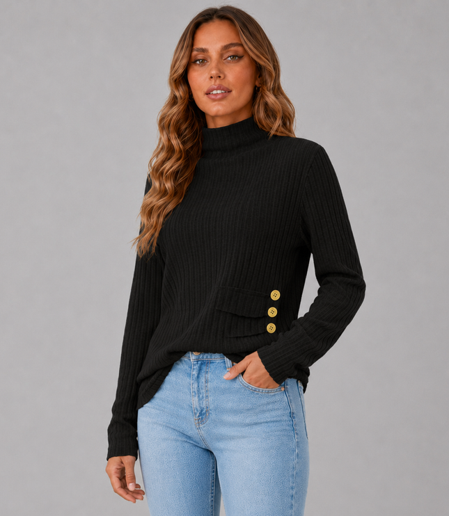 Ribbed Turtleneck Sweater with Side Button Detail