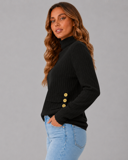 Ribbed Turtleneck Sweater with Side Button Detail