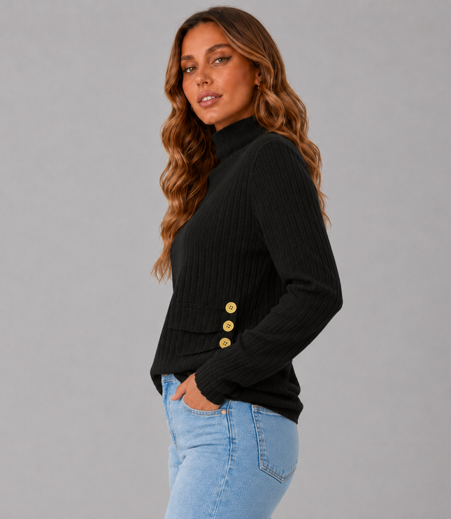 Ribbed Turtleneck Sweater with Side Button Detail