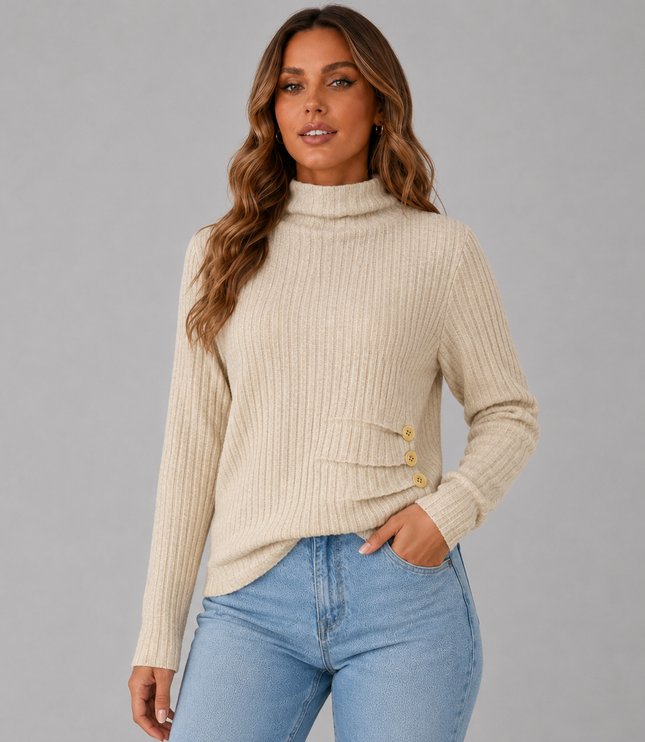 Ribbed Turtleneck Sweater with Side Button Detail