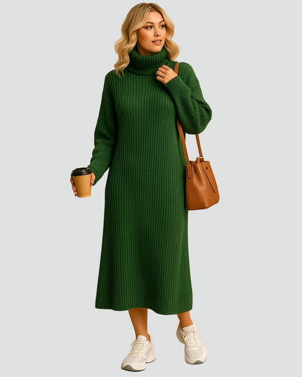Women's Ribbed Roll Neck Knitted Midi Jumper Dress