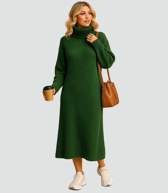 Women's Ribbed Roll Neck Knitted Midi Jumper Dress