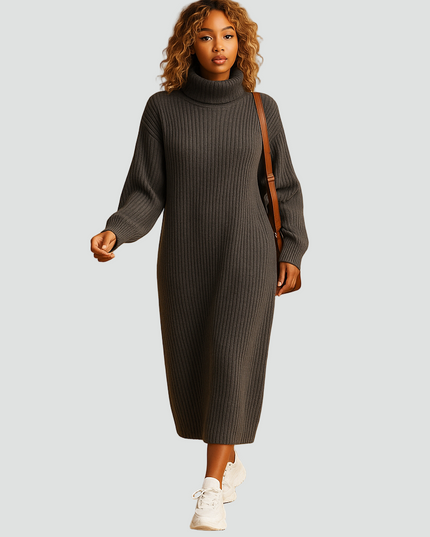 Women's Ribbed Roll Neck Knitted Midi Jumper Dress
