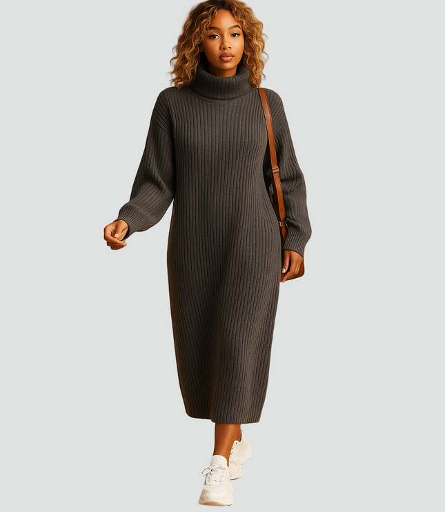 Women's Ribbed Roll Neck Knitted Midi Jumper Dress