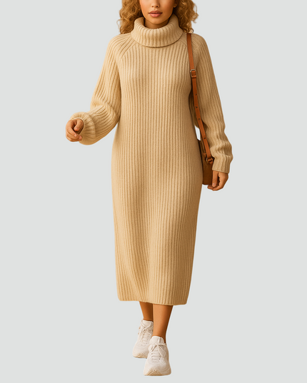 Women's Ribbed Roll Neck Knitted Midi Jumper Dress