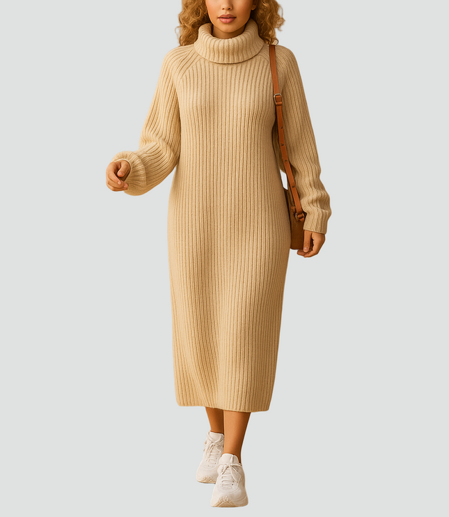 Women's Ribbed Roll Neck Knitted Midi Jumper Dress
