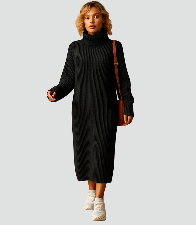 Women's Ribbed Roll Neck Knitted Midi Jumper Dress