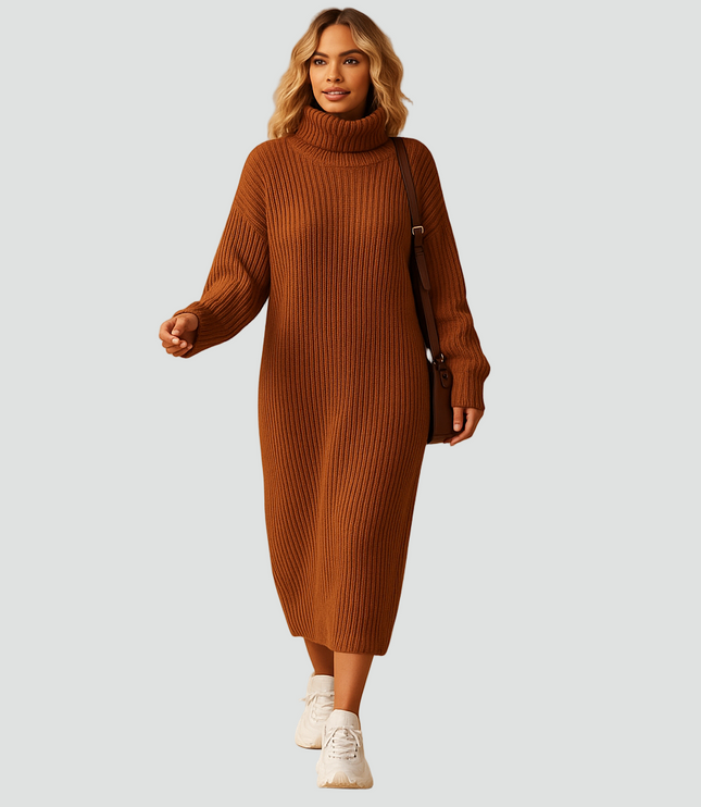 Women's Ribbed Roll Neck Knitted Midi Jumper Dress