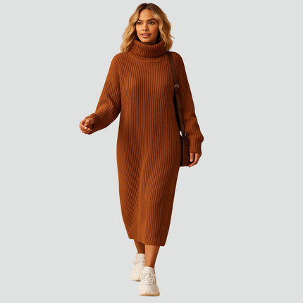 Women's Ribbed Roll Neck Knitted Midi Jumper Dress