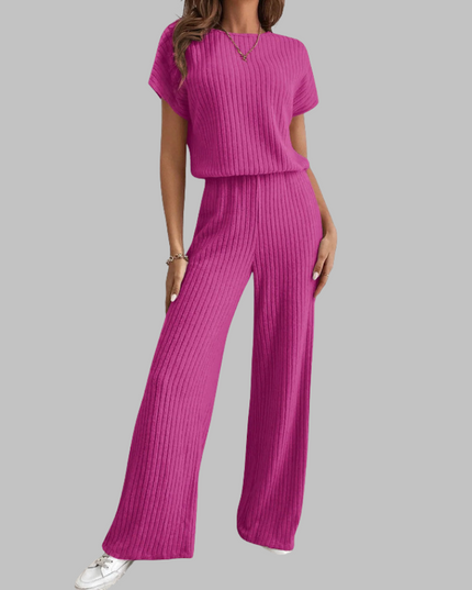 Magenta ribbed short sleeve top with matching wide leg pants set
