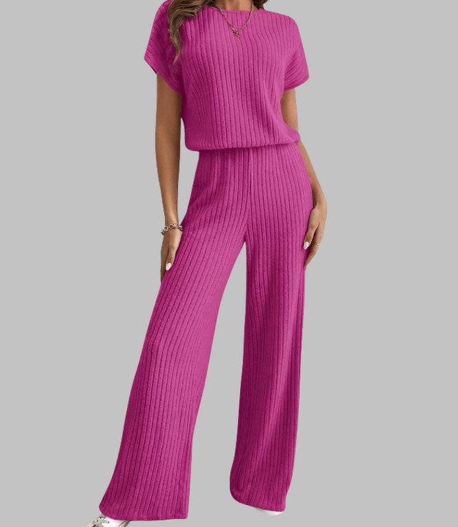 Magenta ribbed short sleeve top with matching wide leg pants set