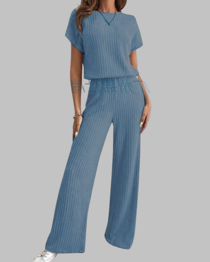 Blue ribbed short sleeve top paired with wide leg ribbed pants