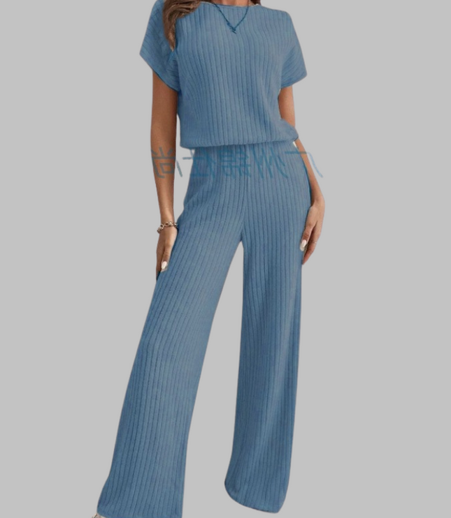 Blue ribbed short sleeve top paired with wide leg ribbed pants