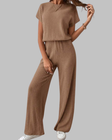Tan ribbed short sleeve top with wide leg ribbed trousers set