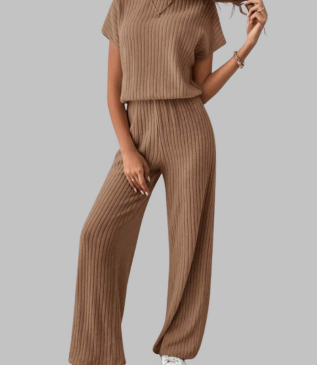 Tan ribbed short sleeve top with wide leg ribbed trousers set