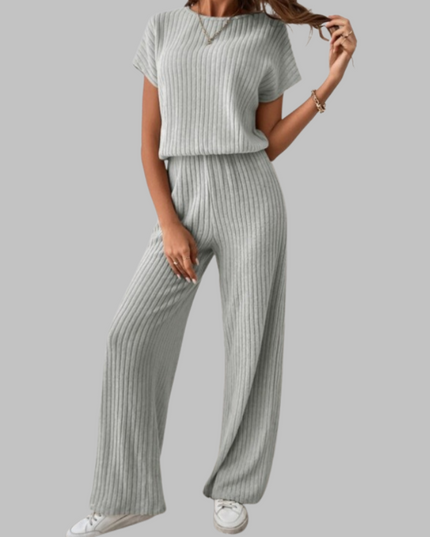 Sage green ribbed short sleeve top and wide leg pants two piece