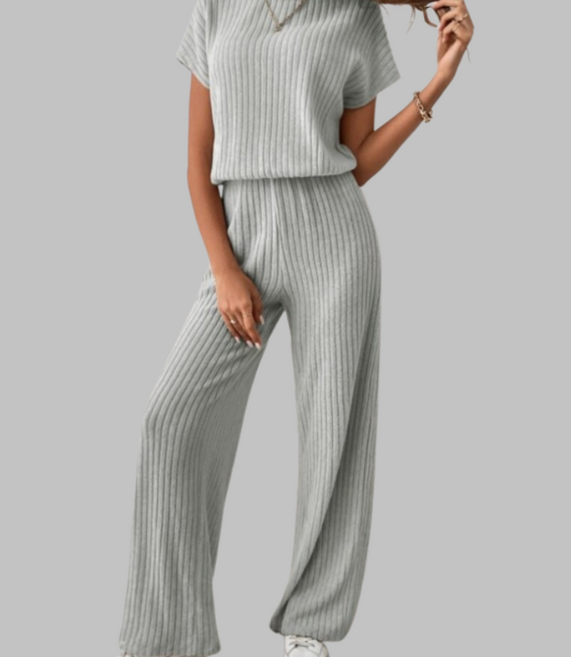Sage green ribbed short sleeve top and wide leg pants two piece