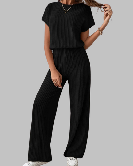 Black ribbed short sleeve top with matching wide leg ribbed pants