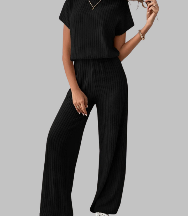 Black ribbed short sleeve top with matching wide leg ribbed pants