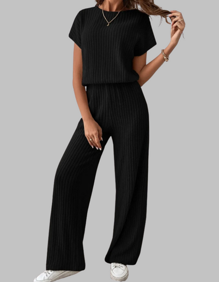 Black ribbed short sleeve top with matching wide leg ribbed pants