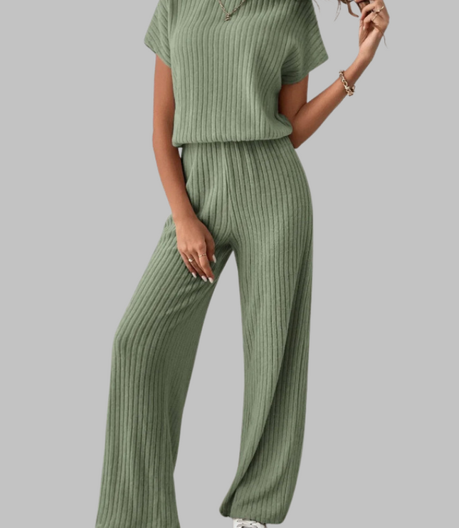 Olive green ribbed short sleeve top paired with wide leg pants