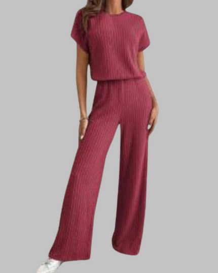 Burgundy ribbed short sleeve top and wide leg ribbed pants outfit