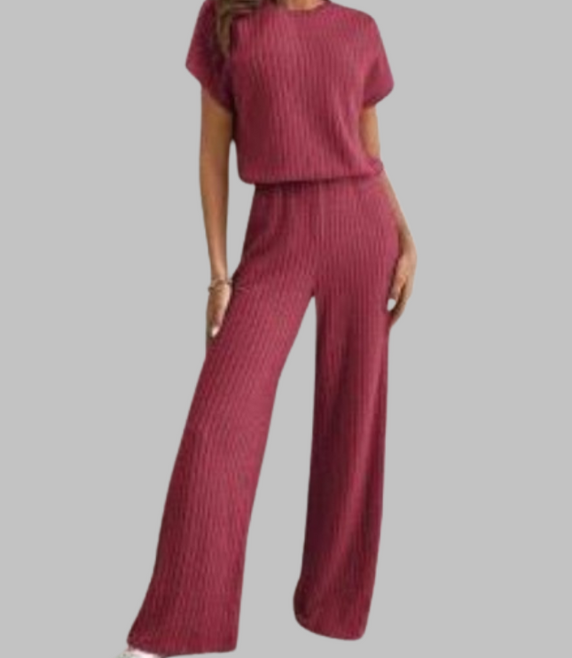 Burgundy ribbed short sleeve top and wide leg ribbed pants outfit
