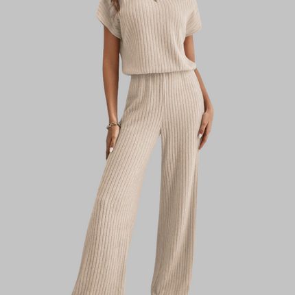 Beige ribbed short sleeve top and wide leg pants two piece set