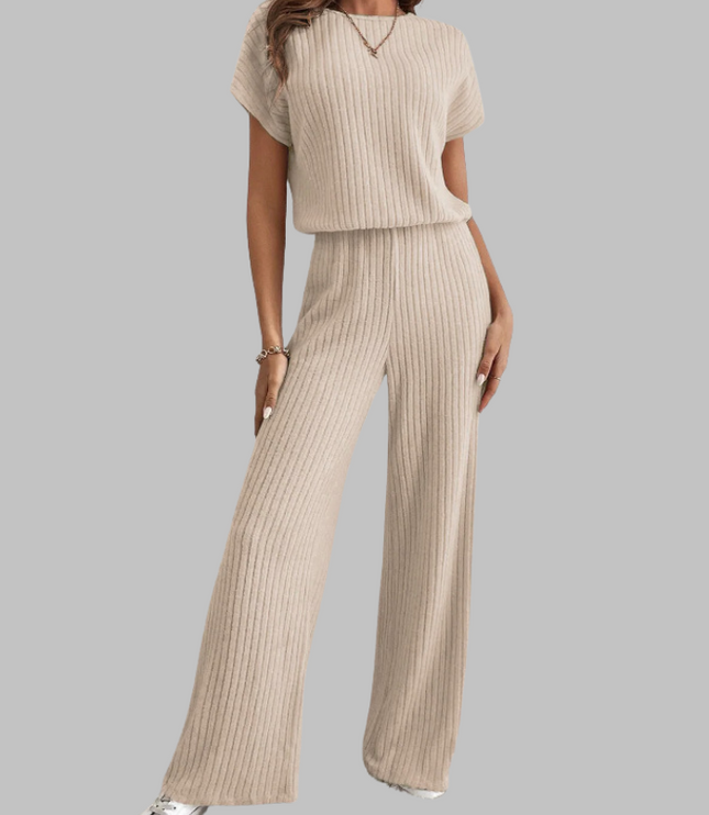 Beige ribbed short sleeve top and wide leg pants two piece set