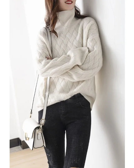 Women's Roll Neck Diamond Knit Jumper