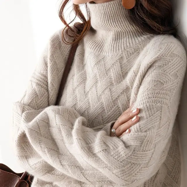 Women's Roll Neck Diamond Knit Jumper
