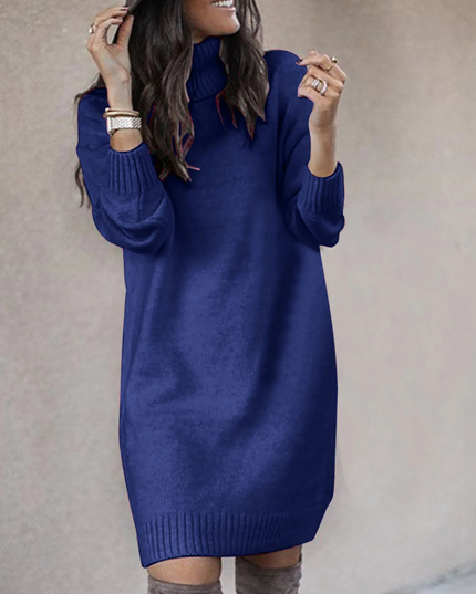 Women's Roll Neck Jumper Dress with Ribbed Cuffs and Hem