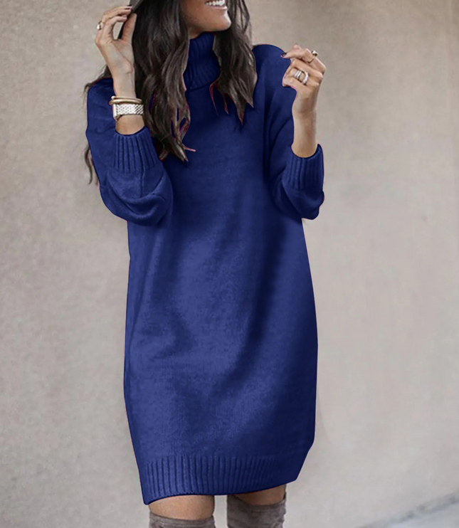Women's Roll Neck Jumper Dress with Ribbed Cuffs and Hem