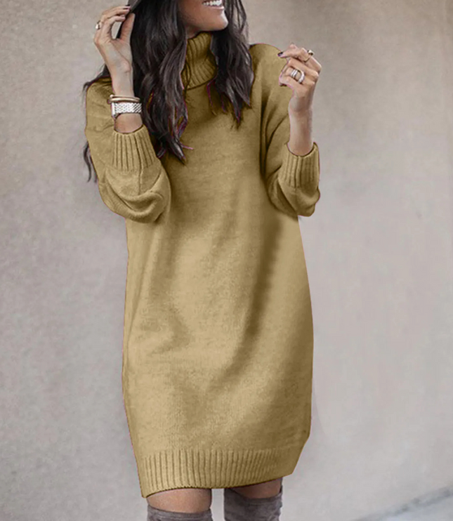 Women's Roll Neck Jumper Dress with Ribbed Cuffs and Hem