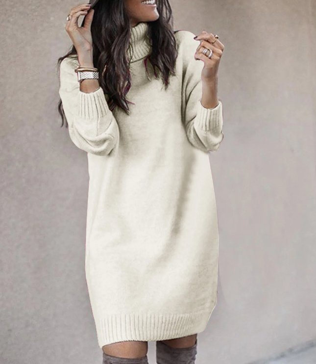 Women's Roll Neck Jumper Dress with Ribbed Cuffs and Hem