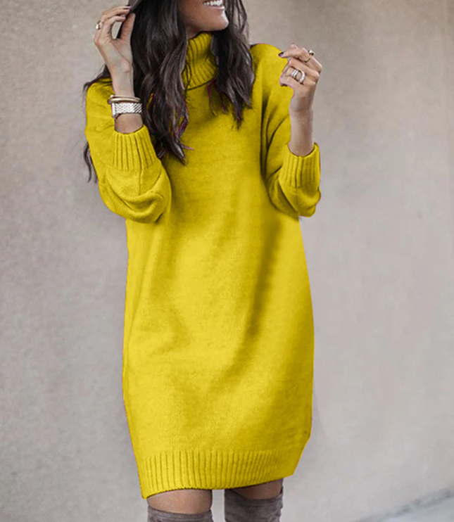 Women's Roll Neck Jumper Dress with Ribbed Cuffs and Hem