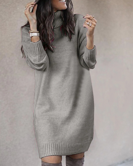 Women's Roll Neck Jumper Dress with Ribbed Cuffs and Hem