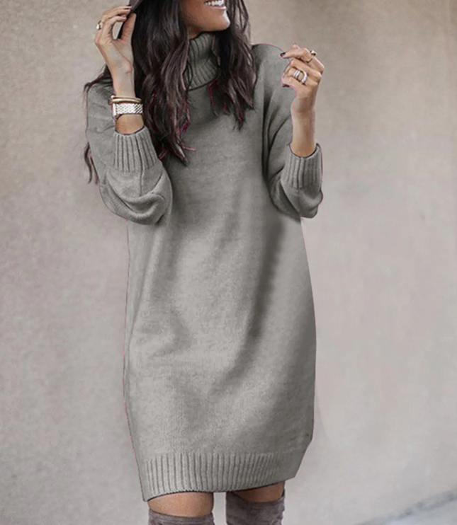 Women's Roll Neck Jumper Dress with Ribbed Cuffs and Hem