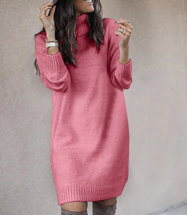 Women's Roll Neck Jumper Dress with Ribbed Cuffs and Hem
