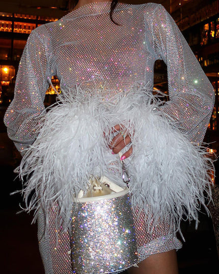 Women's Round Neck Feather Cuff Sequin Dress