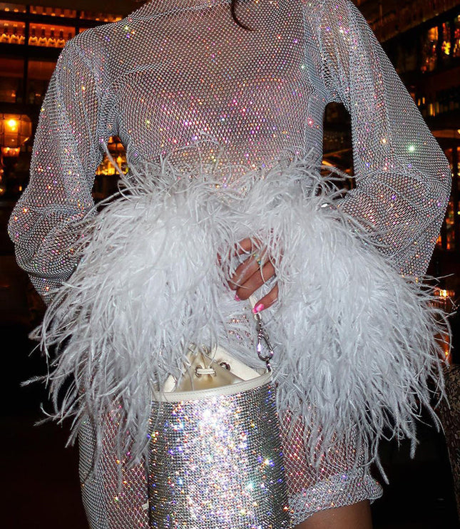 Women's Round Neck Feather Cuff Sequin Dress