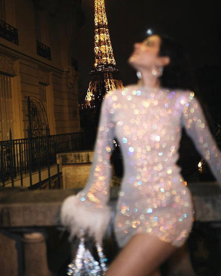 Women's Round Neck Feather Cuff Sequin Dress