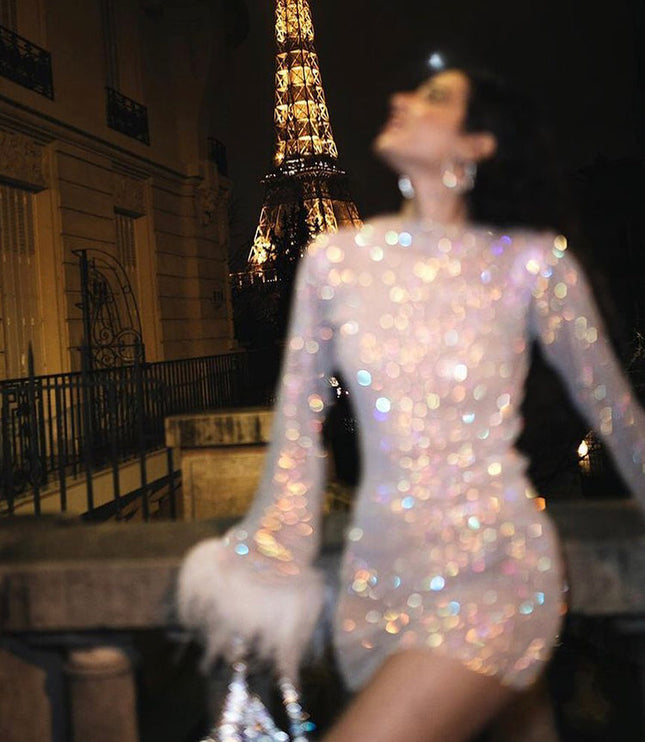 Women's Round Neck Feather Cuff Sequin Dress