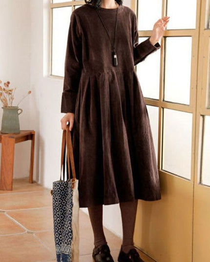Women's Round Neck Low Waist Pleated Velvet Dress