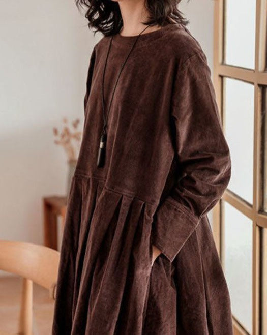 Women's Round Neck Low Waist Pleated Velvet Dress